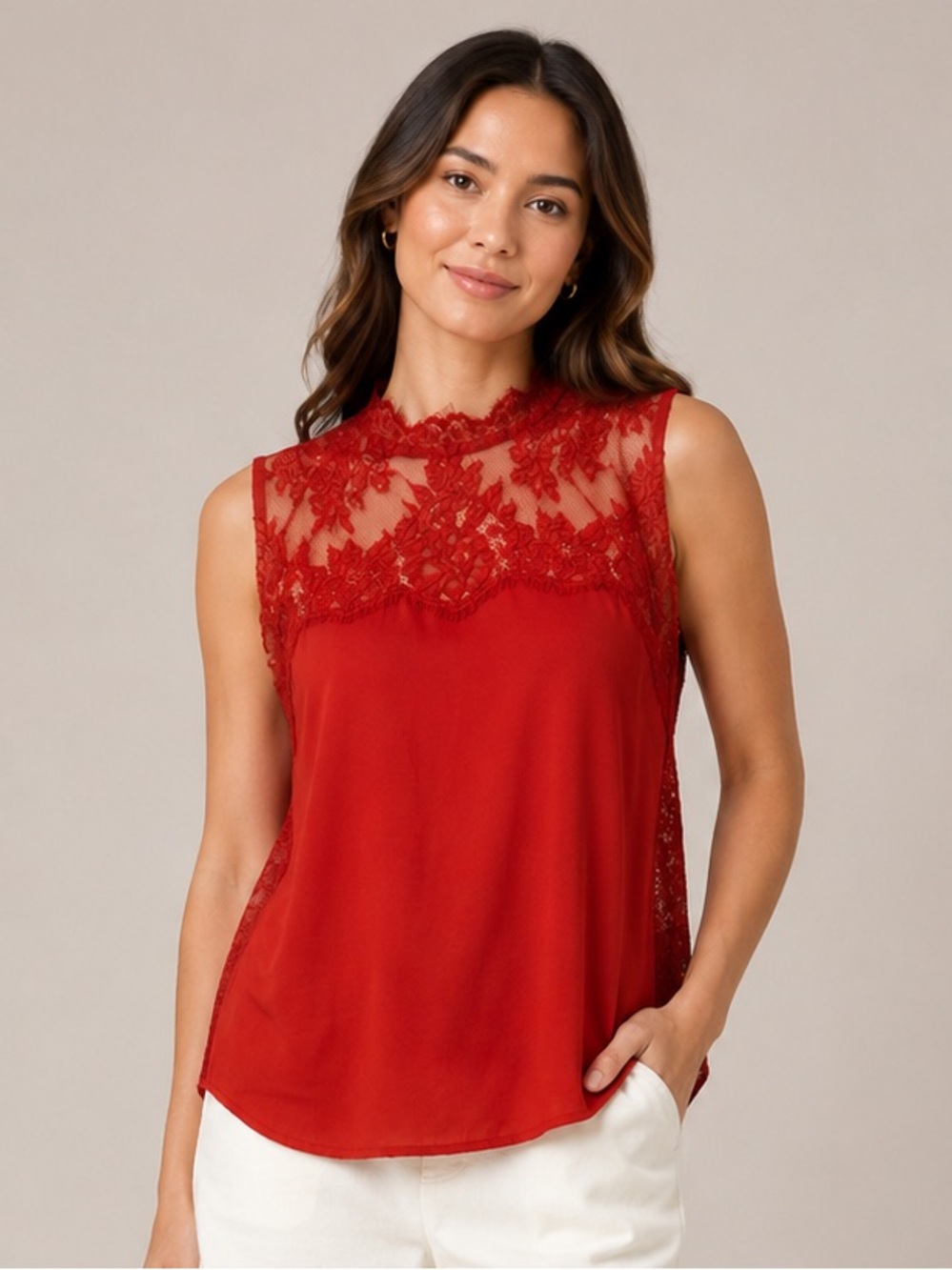Free People Red Lace-Panel Sleeveless Camisole